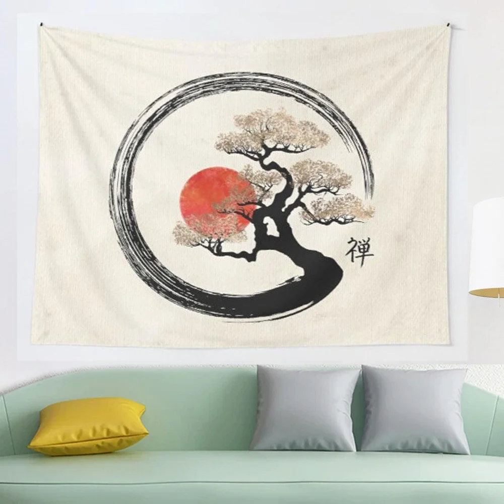 

Enso круглая и бонсай дерево на холсте Гобеленовое покрывало занавеска одеяло постельное белье Простыня накидка на окно гобелены