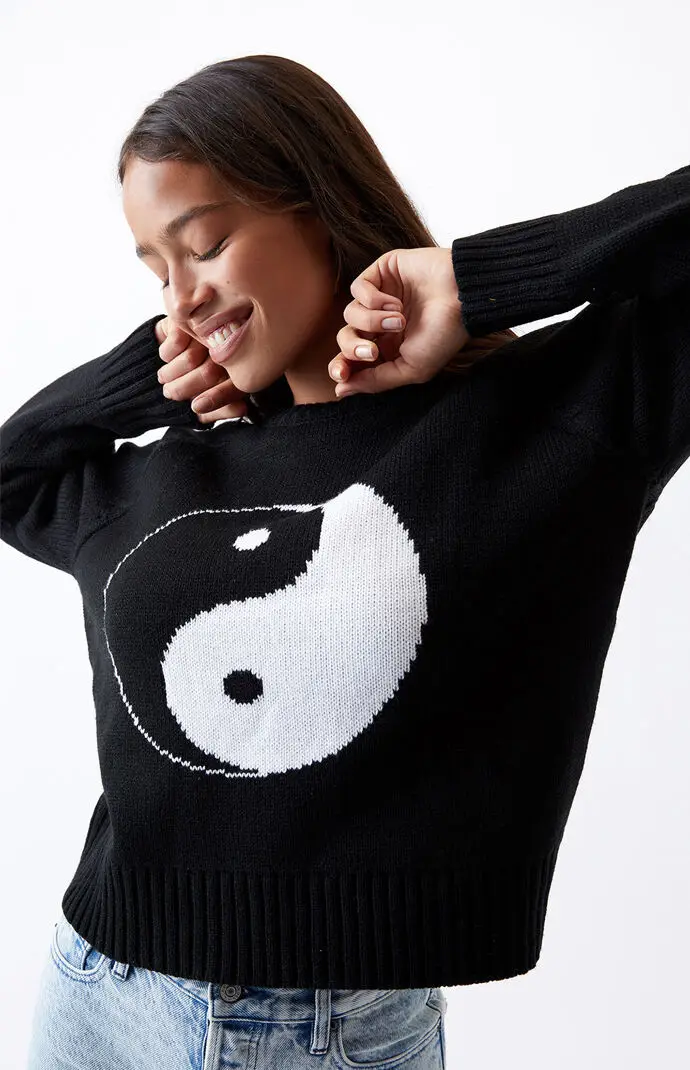 Женский Повседневный свитер черный вязаный пуловер с китайским принтом тай-чи и