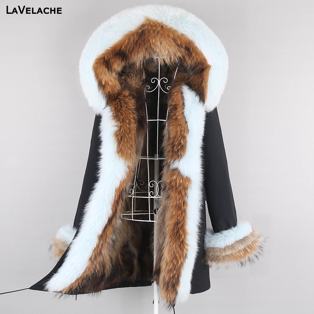 Women Winter Real Fur Coat Natural Fur Jacket Large Raccoon Fur Collar Hooded Thick Warm Streetwear Detachable Long Parka