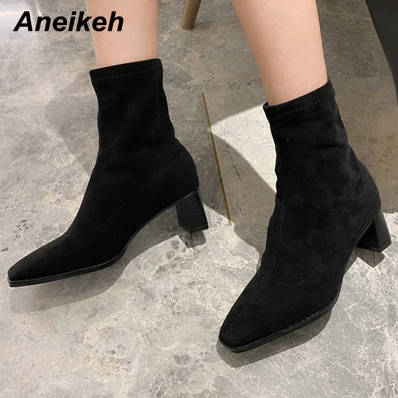 

Теплые женские ботильоны Aneikeh из флока без застежек изысканные Прошитые Короткие Плюшевые Ботинки зимние высокие женские зимние Ботинки на...