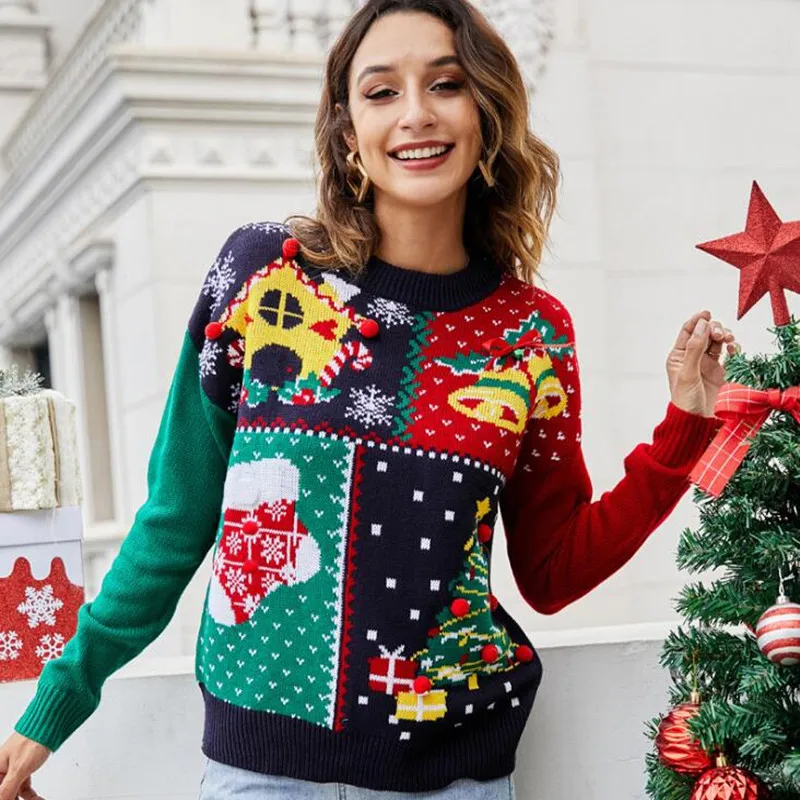 

Women's Sweater Woman Pull Sweater Women's Snowflake Christmas Knitted Clothes Pullover Christmas Tree Long Sleeve Sweater Women