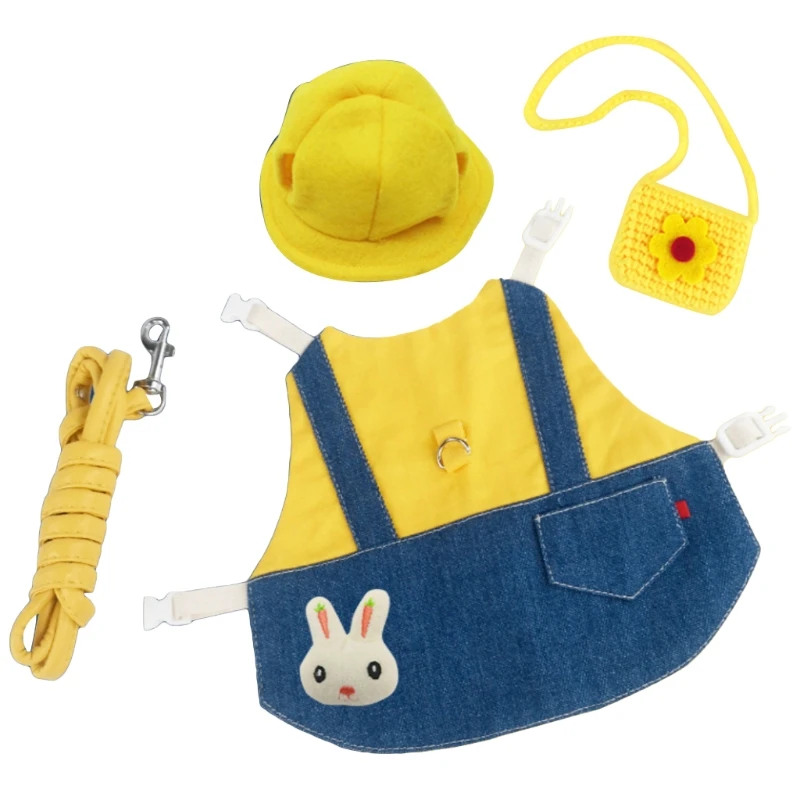 

Pet Rabbit Clothes Denim Jacket Coat Small Animal Harness Leash Vest Bag Hat Set for Ferret Bunny Hamster Puppy Kitten