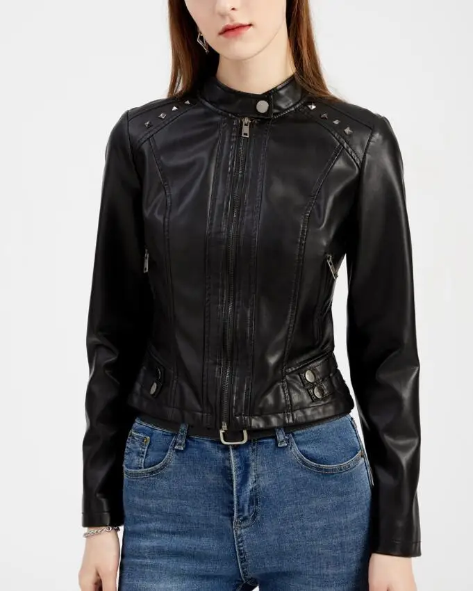 Rivet Short Leather Jackets Women Spring Autumn Long Sleeve Women's PU Leather Coat Thin Fashion Slim Street Coats