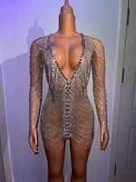 2021 sparkly rhinestones chain short dresses halter sleeveless women deep v dress jazz dance costume nightclub performance wear