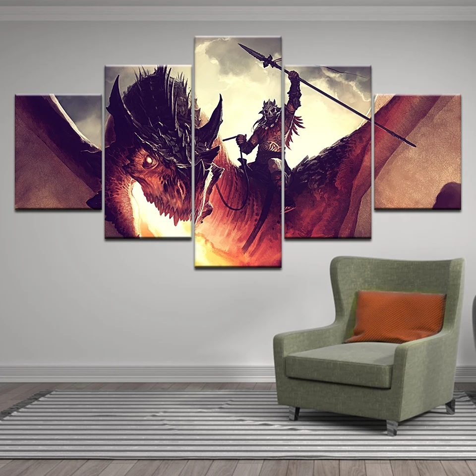 

Wall Artwork Modular Picture Printed Painting 5 Set Fantasy Scene Knight Fighting Dragon Canvas Poster Modern Home Decoration