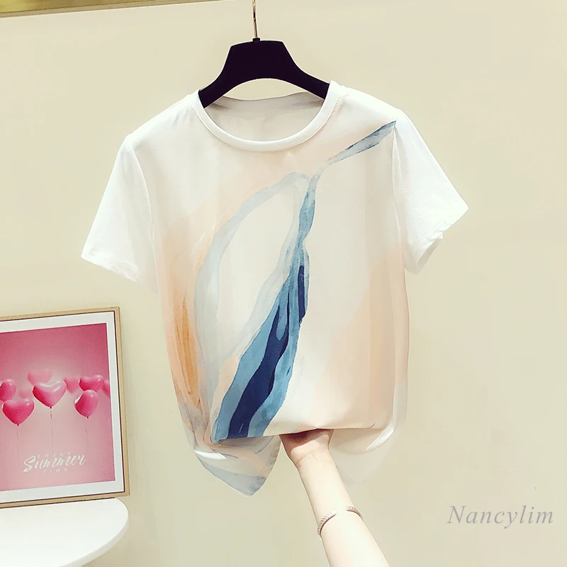

Short Sleeve Tshirt Women 2021 Summer New Patchwork White Satin Printed Round Neck Casual Female Tops Tees