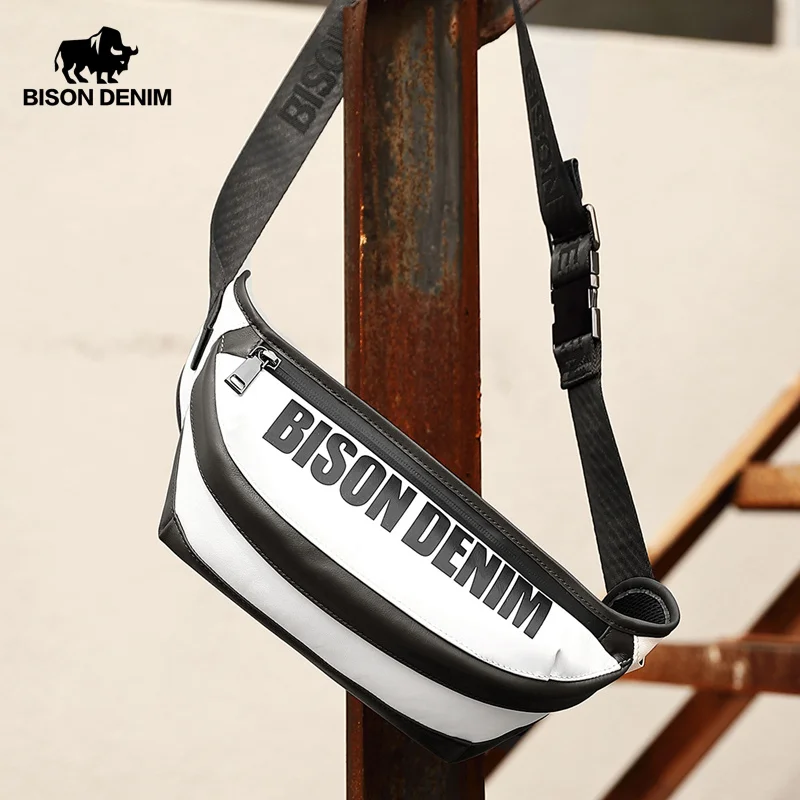 

Bison Denim Fashion Genuine Leather Crossbody Bag Shoulder Strap Chest Pack Striped patchwork Cowhide Leather Waist Bag