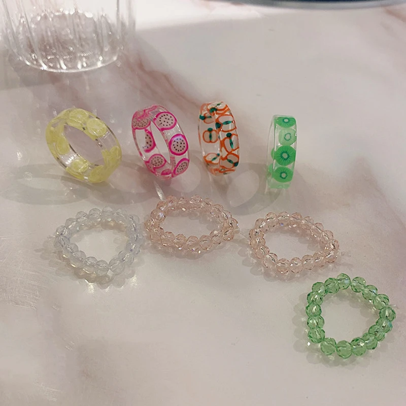 

2021 Korea Colorful Fashion Resin Fruit beaded resin ring Ring Set Geometric Irregular for Women Party Wedding Jewelry Ring Set
