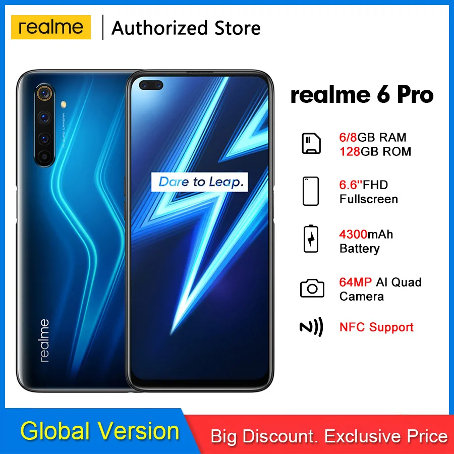 Realme 6 Pro RMX2063 NFCGlobal 'ƌ/8 ГБ 128 Гб 64 мп AI Quad Snapdragon 720G 90 Гц Дисплей 30 Вт флэш зарядка 4300