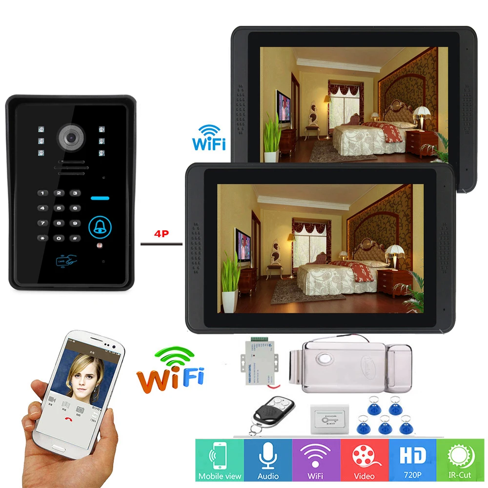 7" Lcd RFID Password wired WiFi Video Door Phone Intercom System Kit+ Electric Strike Lock+ Wireless Remote Control unlock |