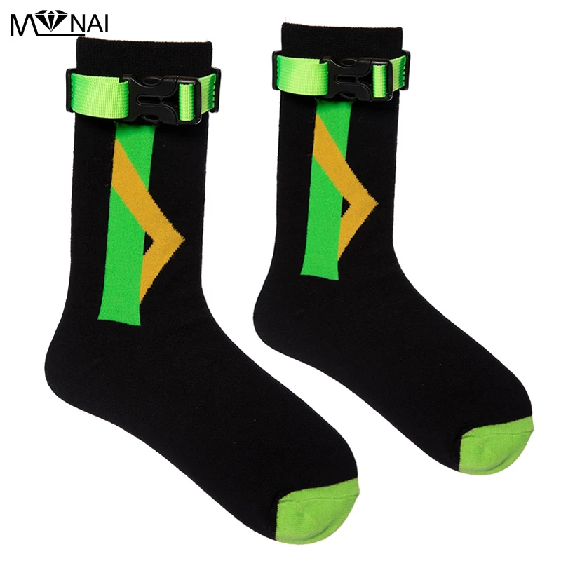 

Woman Sock Sports Style Mid-calf Length Sock Fluorescent Green Handmade Belt Decoration Socks Fashion Party