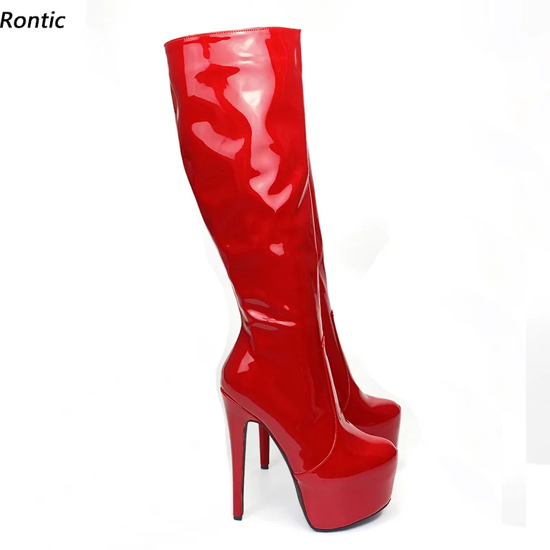 

Rontic 2021 Women Winter Knee Boots Patent Leather Sexy Stiletto Heels Round Toe Gorgeous Pink Red Night Club Shoes US Size 5-20