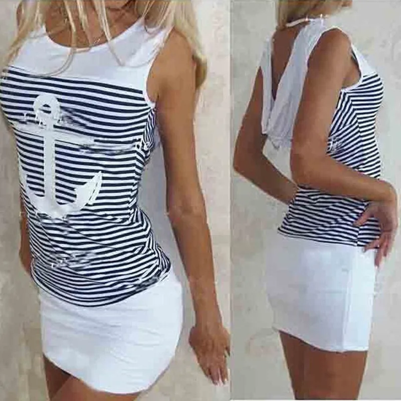 

Summer Plus Size Women Dress Casual Sleeveless White Blue Anchors Print Striped Dress Sexy Beach Bodycon Mini Dress Dropshipping