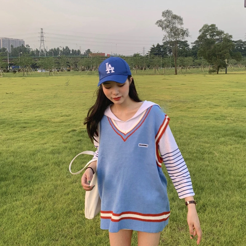 2020 Spring Autumn Girls Loose Korean Sleeveless Knitted Vests Pullovers V Neck Sweaters For Jk School Uniform Student Clothes |