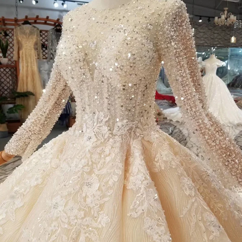 LS11223 Свадебные платья ручной работы с кристаллами цвета шампанского круглым