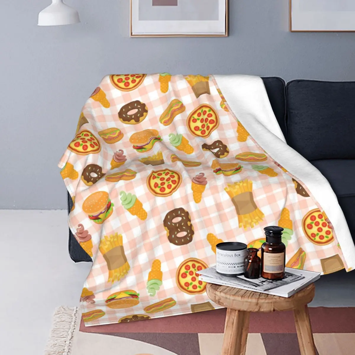 

Fast Food Blanket Flannel Decor Tortilla Pizza Hamburger Donut Ice Cream Portable Soft Throw Blanket for Home Plush Thin Quilt