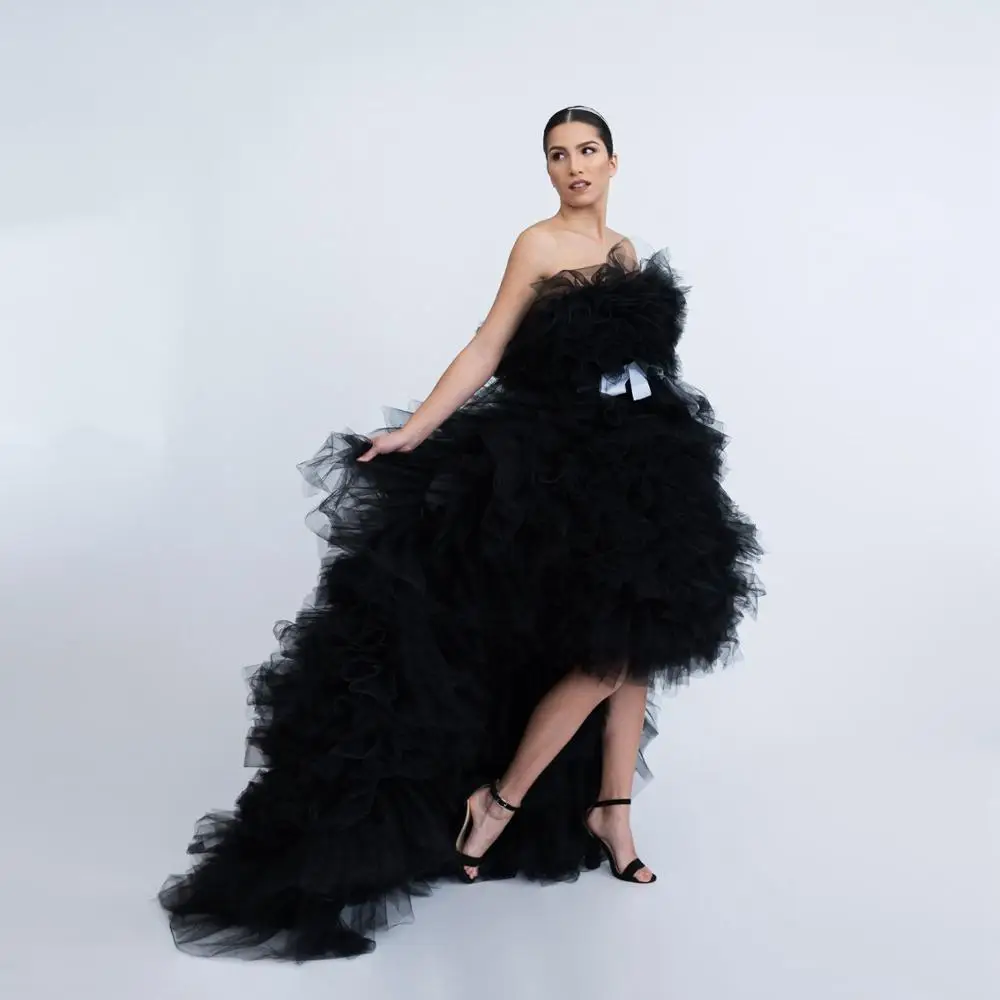 

2021 Elegant Black Tulle Dresses Fluffy Girls Puffy Tutu Dress High Low Floor Length Girls Party Homecoming Gowns Customized