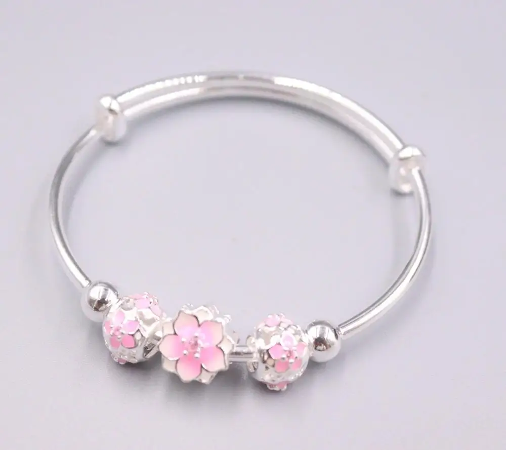 Новый однотонный гладкий серебряный браслет с красивым розовым цветочным узором