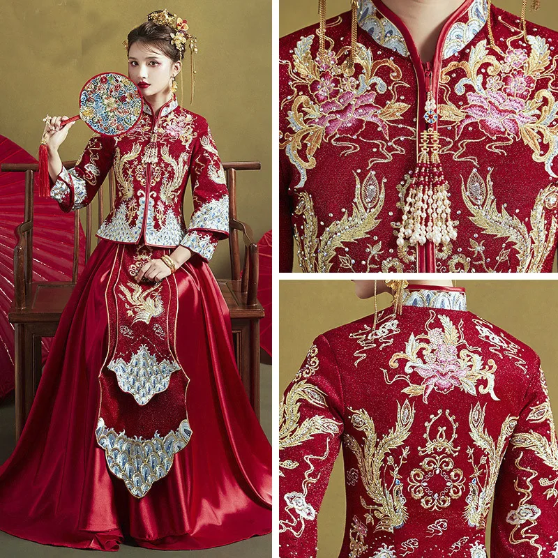 

Chinese Bride Wedding Party Toast Dress Sweet Embroidery Dragon And Phoenix Gown Lady Marry Satin Women Qipao Cheongsam Vestidos