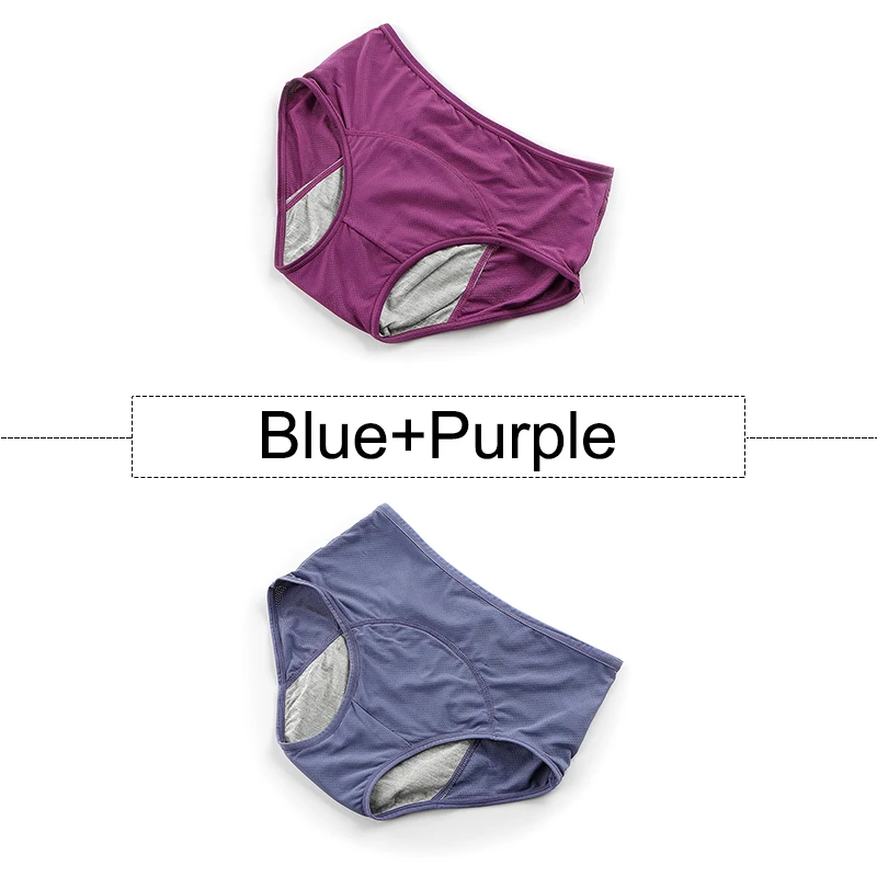 Blue Purple 2 шт./партия, хлопковые менструальные трусики, герметичное нижнее белье для женщин с высокой талией, бесшовные трусы с дышащими отверстиями, большие размеры - Цвет: Blue Purple