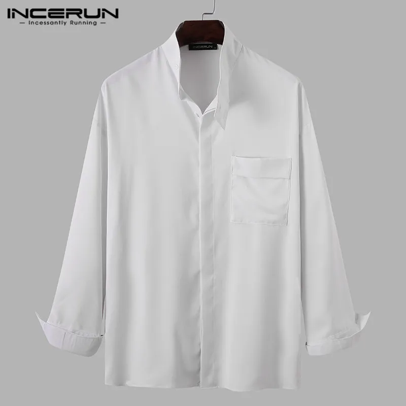 Man Casual Pockets Shirts Korean Style Loose Tops Mens Fashion Stand Collar Shirts Long Sleeve Solid Color Blouse INCERUN 5XL 7