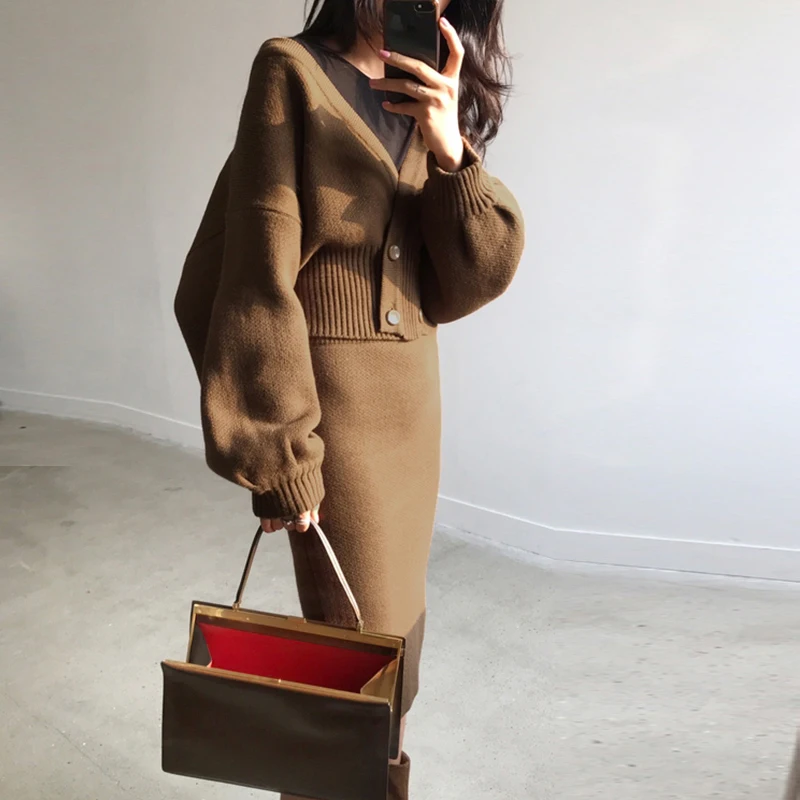 Корейский вязаный комплект одежды из 2 предметов для женщин зимние с буфами на