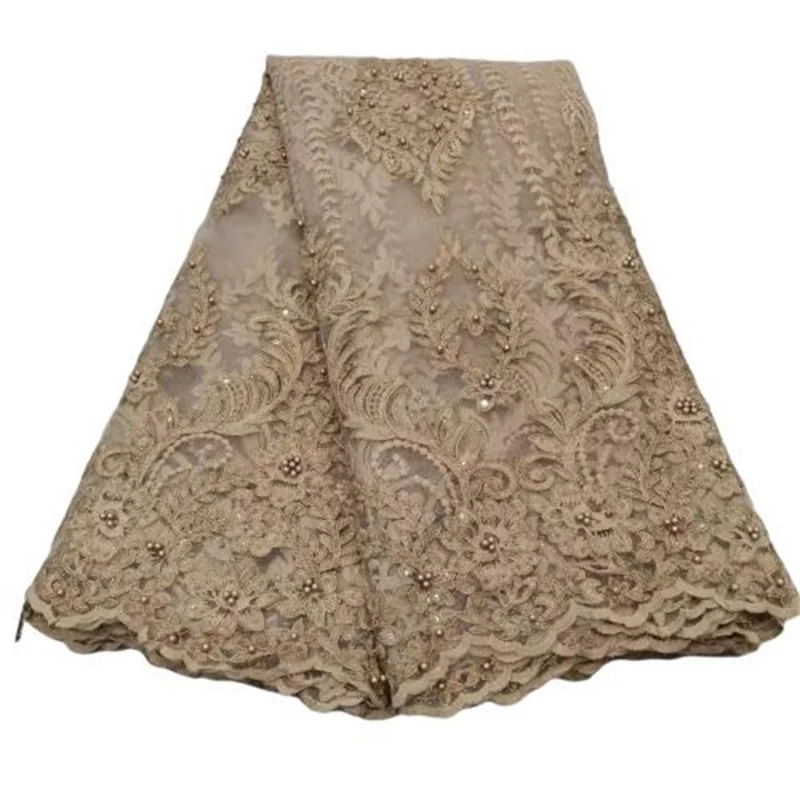 

2021 Gold French Tulle Beads Lace Fabric High Quality African Lace Fabric Heavy Sequins Nigerian Mesh Laces For Wedding Sew