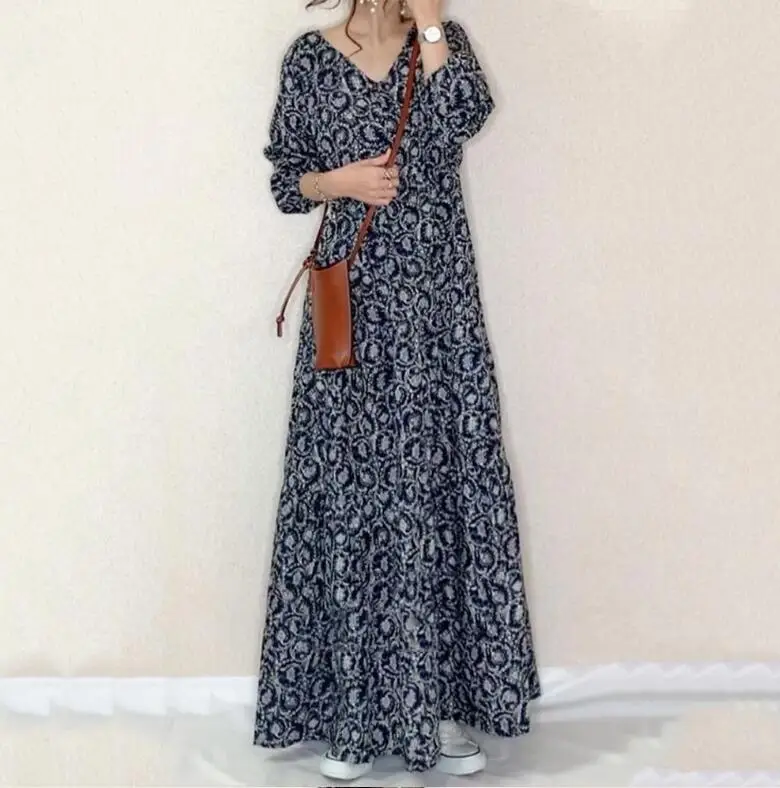 

Women Casual Long Dress V Neck Long Sleeve Print Floral Loose Casual A Line Dress Korean Style Fashion Vestidos Feminino Summer