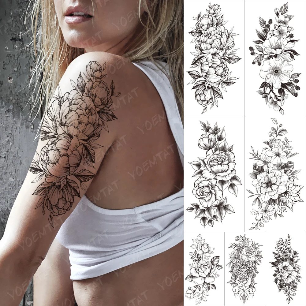 

Waterproof Temporary Tattoo Sticker Orchid Flower Tattoos Peony Lotus Lines Painted Rose Body Art Arm Fake Sleeve Tatoo Women