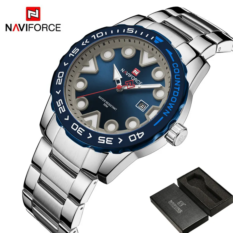 NAVIFORCE мужские наручные часы Топ бренд класса люкс серебристо синие