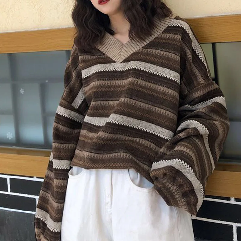 

Knitted Sweaters Women Casual V Neck Striped Pullover Sweater Fall 2021 Retro Jumper Harajuku Oversized Aesthetic Sweater