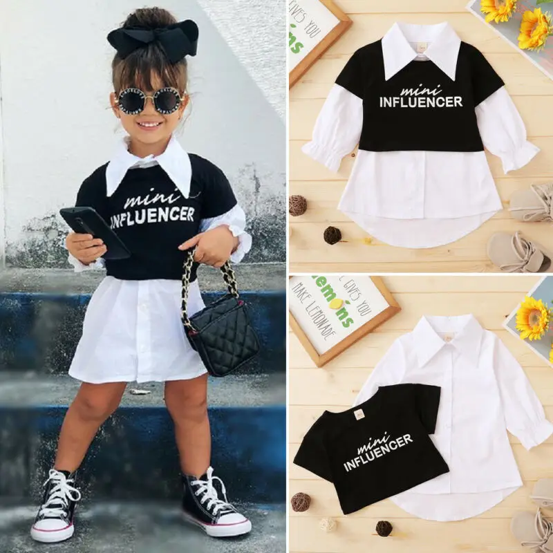 

Toddler Kids Baby Girl 2PCS Outfits Set Short Sleeve T-Shirt + Long Shirt Dress