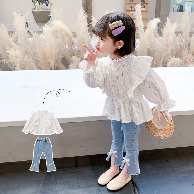 

Spring Autumn Girls Clothes Set 2021 New Child Baby Cotton Shirt Jeans Two-piece Set Girl Flare Pants Top 2PCS 2-6Y