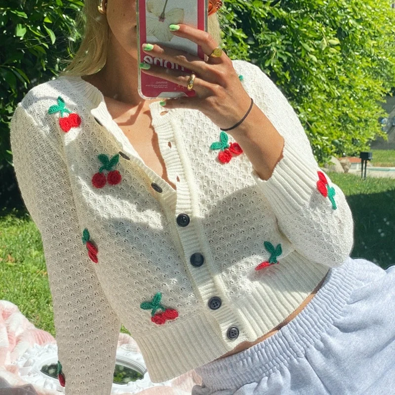 

Women 2022 Single-breasted Cardigan Autumn Top Knitted Sweater Slim Long Sleeve Cardigan Fashion Oneck Knitted Cherry Sweater