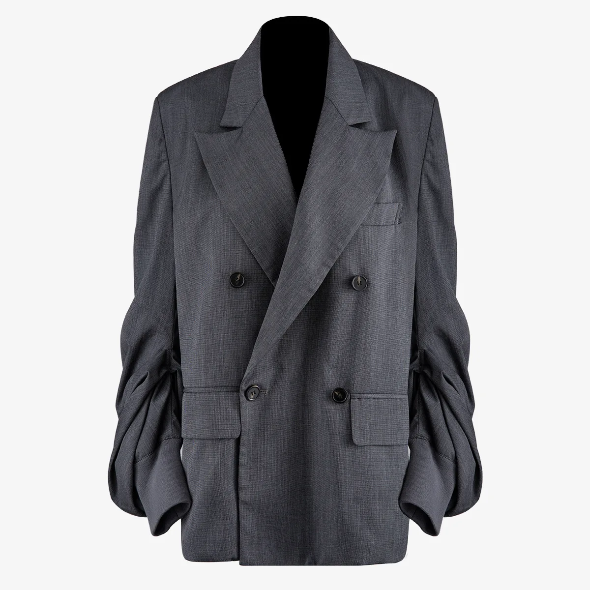 

SuperAen Spring New French Style Loose Double-breasted Pleated Lantern Sleeve Solid Suit Women Blazers