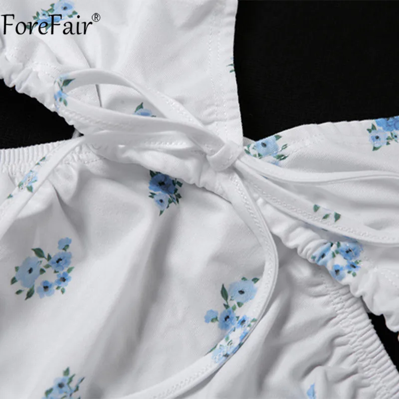 

Forefair 2021 Summer Folral Print Sexy Dress Backless Bandage Halter Neck Cutout Off Shoulder White Women Y2k Beach Mini Dresses