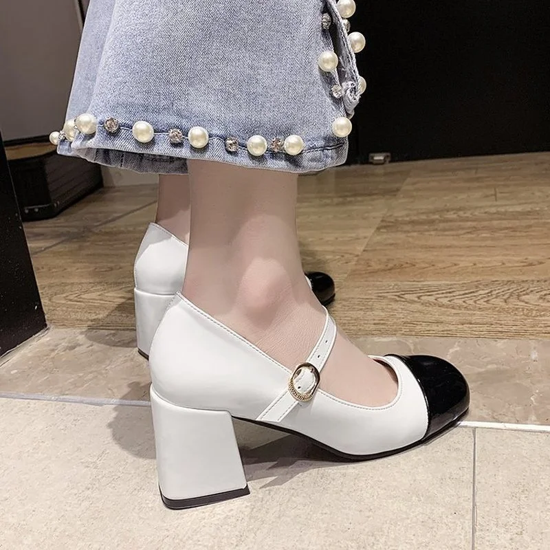 

New French 2021 Thick Bottom Woman Shoes Leather Chunky Heel Platform Square Toe Buckle Strap Zapatos De Mujer Plataforma Retro