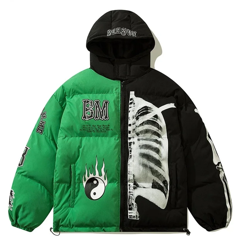 Winter Parka Jacket Men Yin Yang Skeleton Print Streetwear Outwear Mens Harajuku Padded Jacket Hooded Loose Warm Coat Unisex
