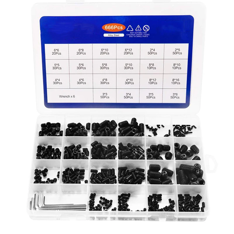 

666pcs Set Screw Cup Point Grub Screw M2 M3 M4 M5 M6 M8 Hex Socket Set Screws Hexagon Headless Set Screw Grade 12.9 Carbon Steel