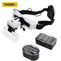 tkdmr headband glasses magnifier glass with led light 8 interchangeable len for reading jeweler illumination welding repair work