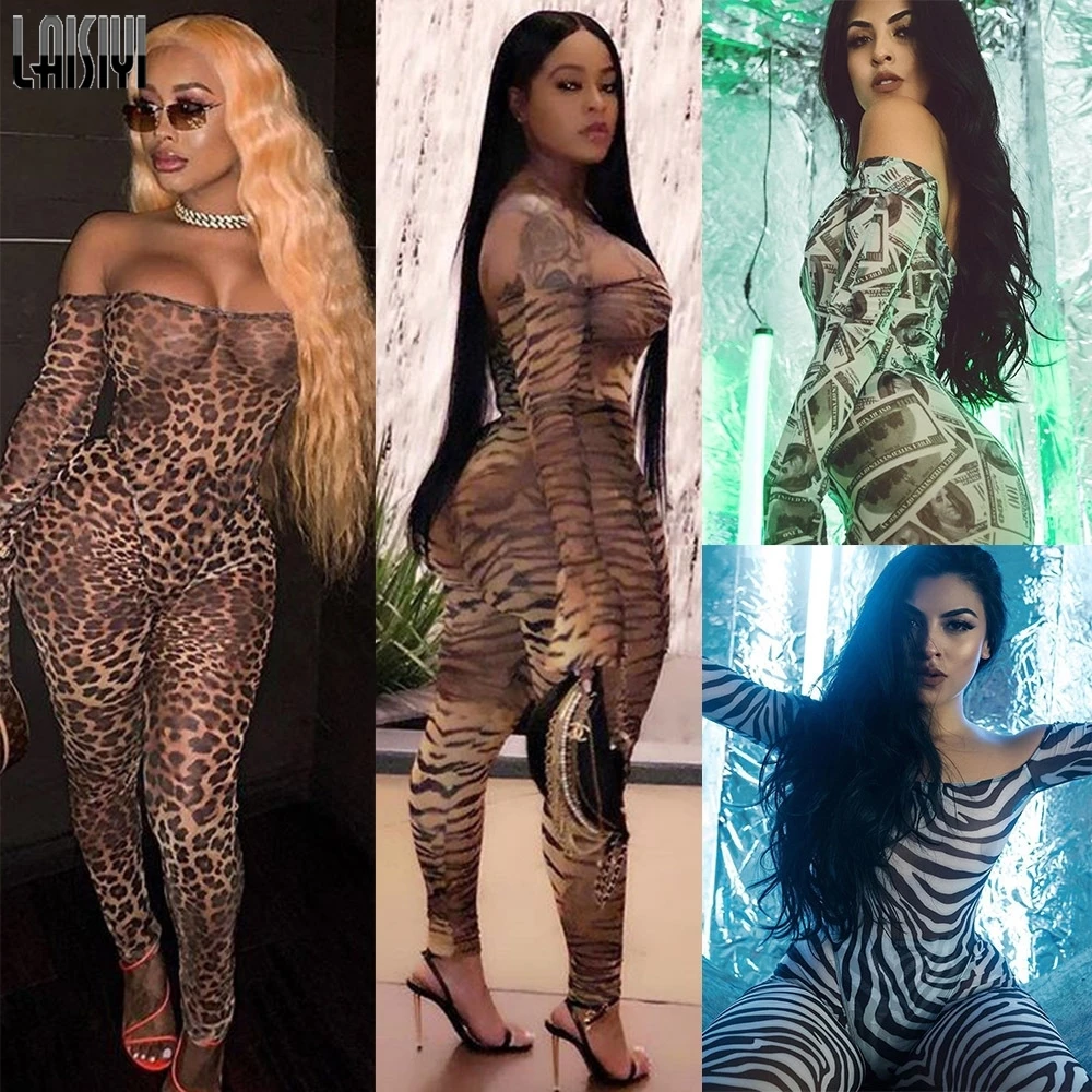 

LAISIYI Leopard Print Sheer Mesh Night Club Party Jumpsuits Women Sexy Slash Neck Off Shoulder Long Sleeve Romper Female Outfits