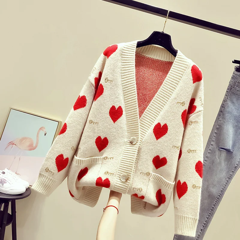 Women Casual winter Knit Jacket and Coats V neck Button Sweaters Sweet Heart Cardigans Loose Female |