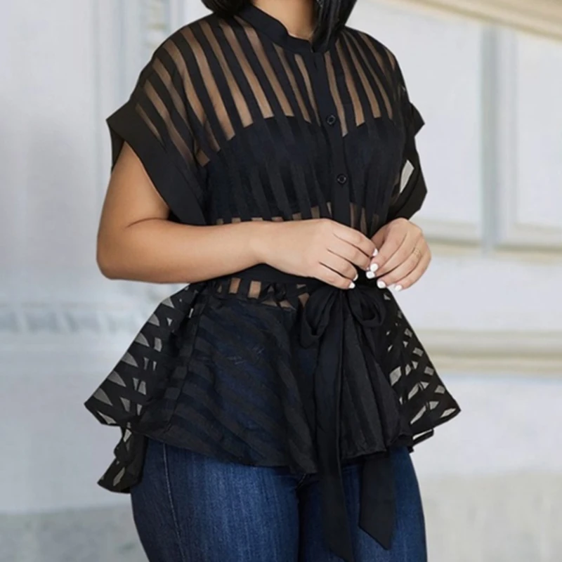 Женский прозрачный топ в полоску сетчатая блузка с баской элегантная уличная