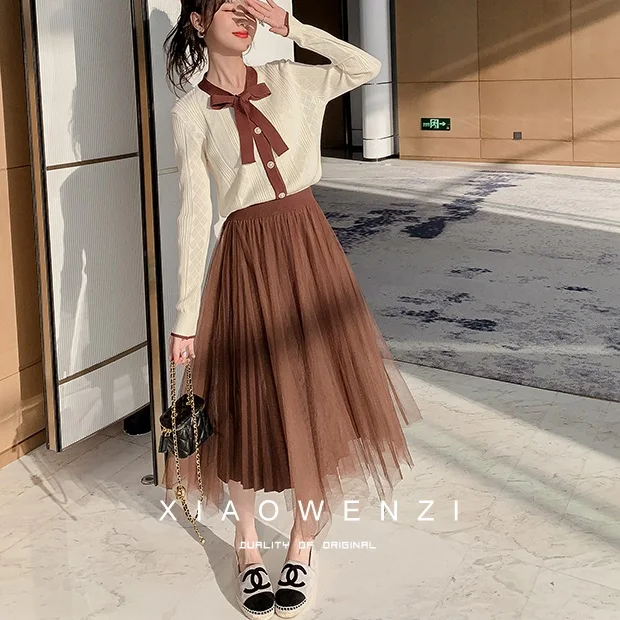 

CBAFU spring casual two piece set women single breasted knitted top bow tie elastic waist mesh gauze skirt suit sweater M257