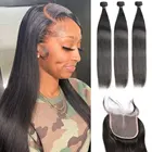 Прямые бразильские волосы, волнистпряди с застежкой, 28, 30 дюймов, 3, 4 пряди, человеческие волосы, пучки с застежкой, Hd кружевной фронтальный