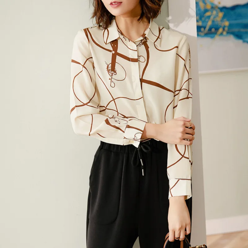 Новая шелковая рубашка с принтом и поясом для женщин весенне осенний шелковый