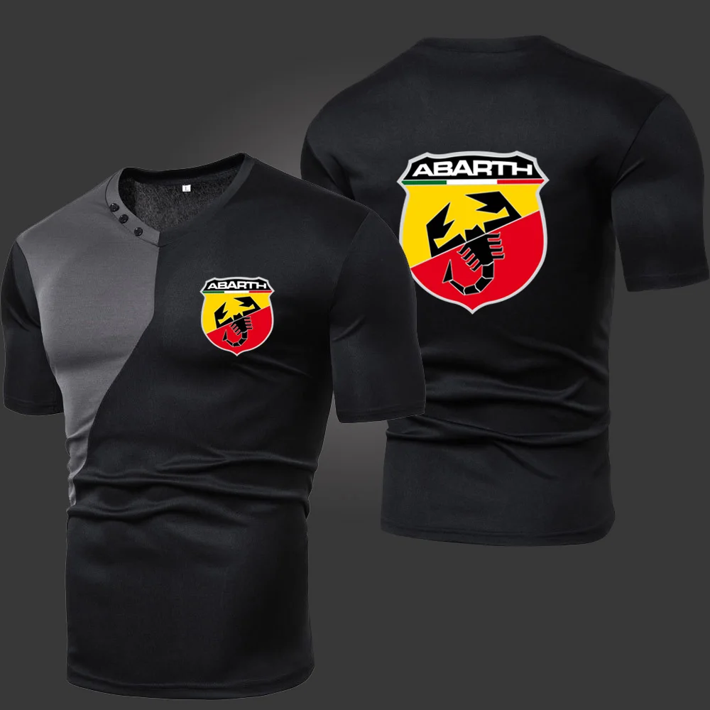 

2021 Summer New Abarth Men's T-Shirts Solid Color Splicing Casual Breathable Sports Slim Fitting Short Sleeve V-Neck Spotswear