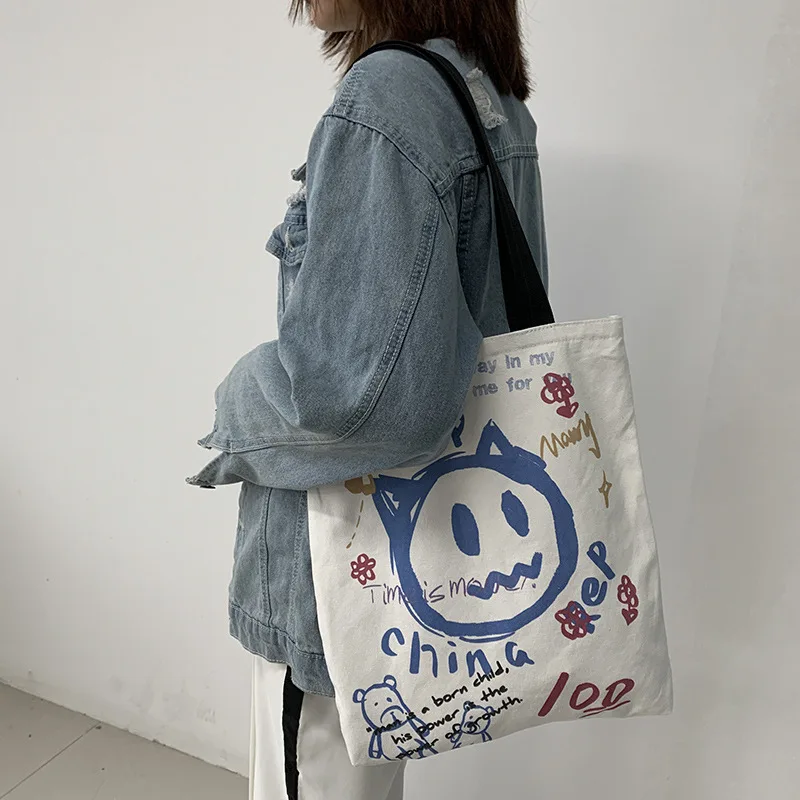 

Women Canvas Tote Bags Korean Cartoon Letter Zipper Handbag Cotton Cloth Shoulder Shopping Bag Eco Foldable White Shopper Bag