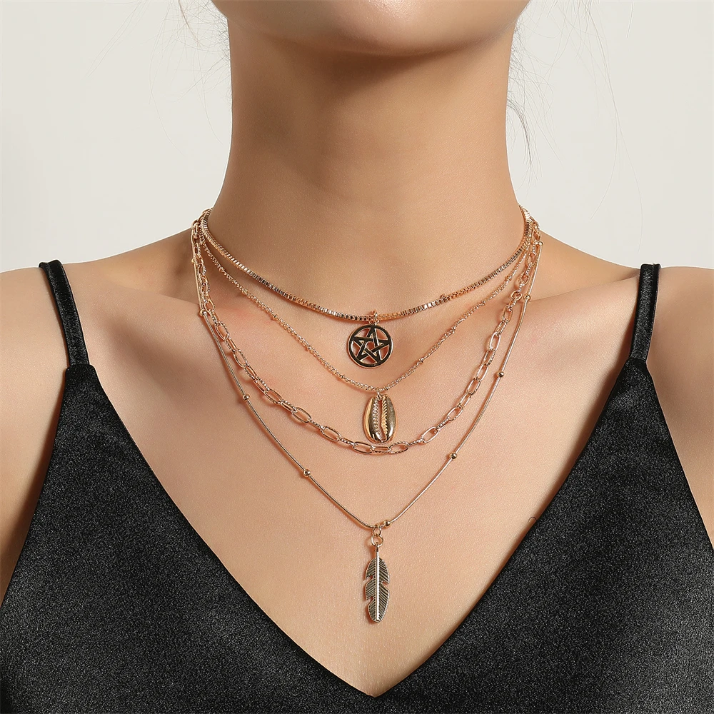 

Boho Shell Charm Chain Choker Multilayer Chains Necklace For Women Leaves Pendant Long Necklaces Jewelry Friend Gift 2021 New