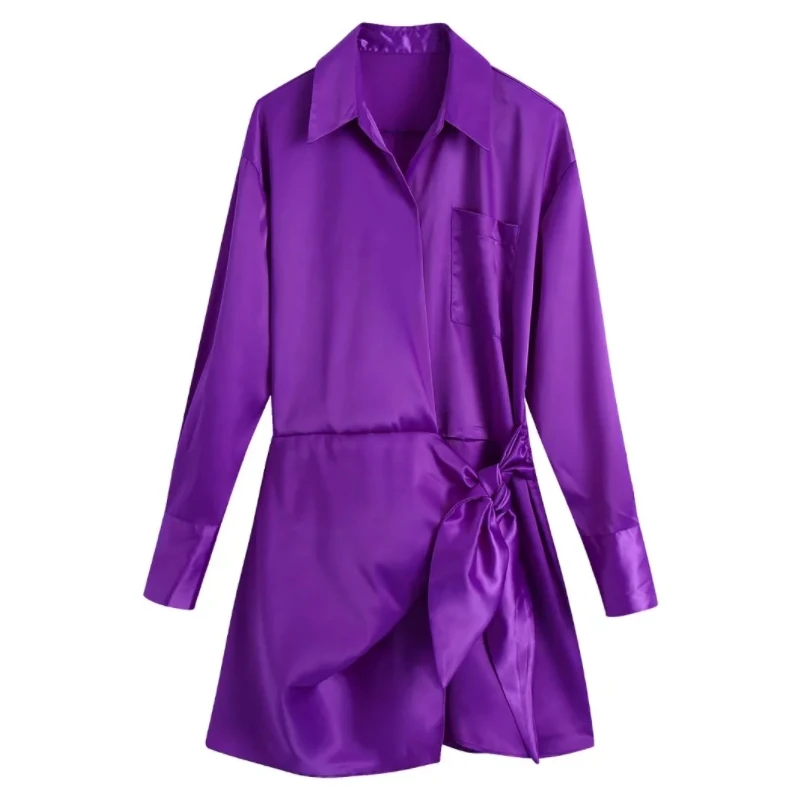 

Women Purple Satin Cross Lace Up Wrap Dress Female Long Sleeve Clothes Casual Lady Loose Vestido D8987